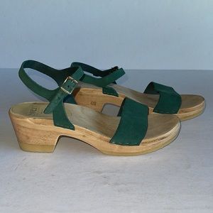 Sven Green Leather Suede Wooden Clog Sandals